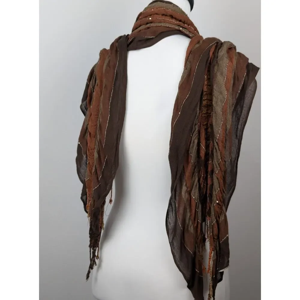 Boho Brown Scarf/Wrap scattered sequins fringe rayon blend 98